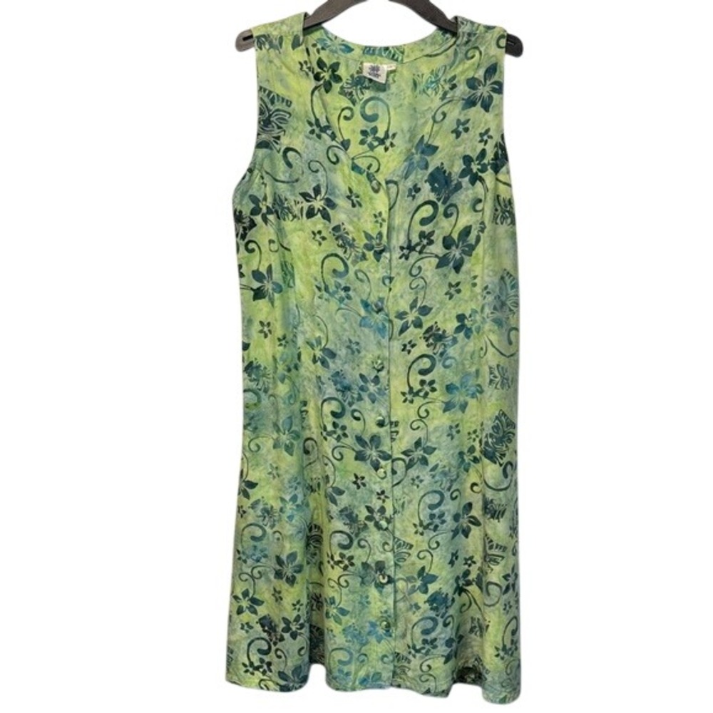 Mexicali‎ Blues Green Blue Batik Floral Tiki Funky Boho Summer Dress  Women L